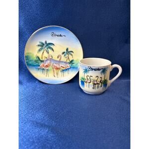 Vintage Mini Cup and Saucer Souvenir Florida Accented with Flamingos